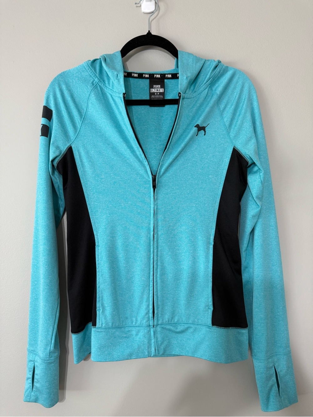 PINK Victoria's Secret Aqua Zip-Up Hooded Jacket with Black Panels